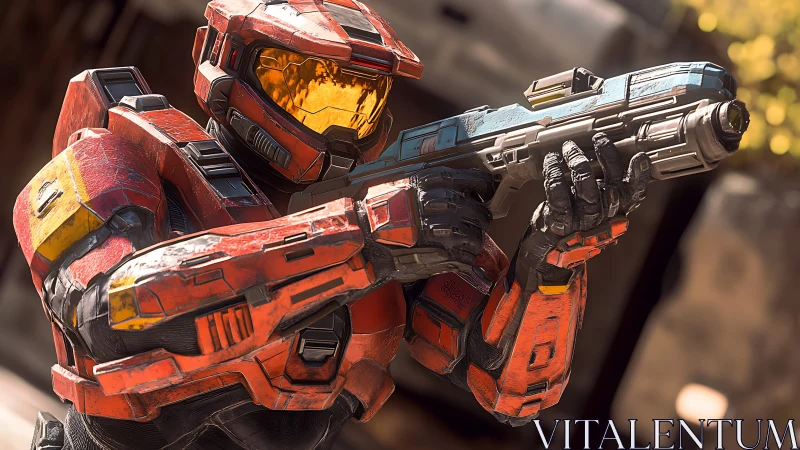 Armored space soldier aims rifle under harsh golden light.