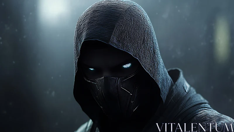Hooded cybernetic assassin rendered with high contrast rim lighting