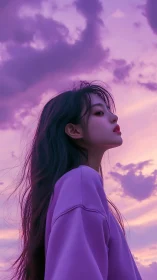 Side profile portrait of woman under vivid purple sky.