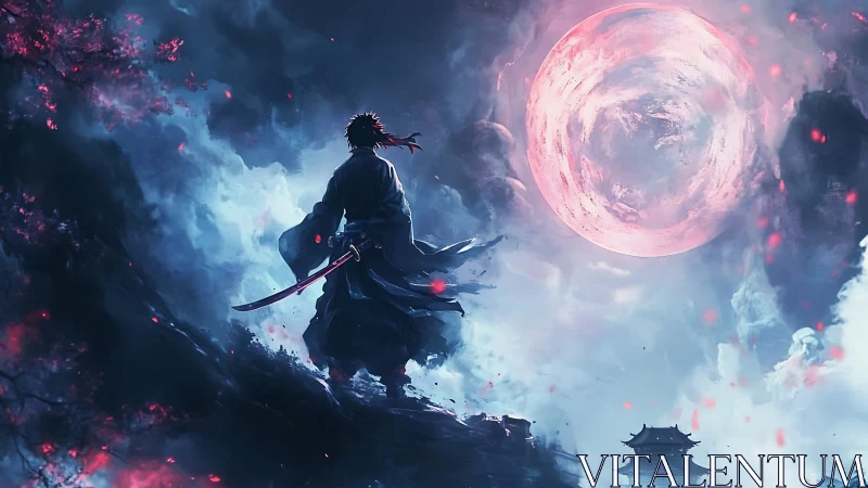 Samurai silhouette under large red moon on misty ridge.