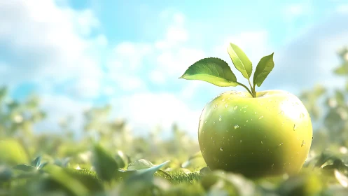 Macro render of dewy green apple with emergent leafy sprout.