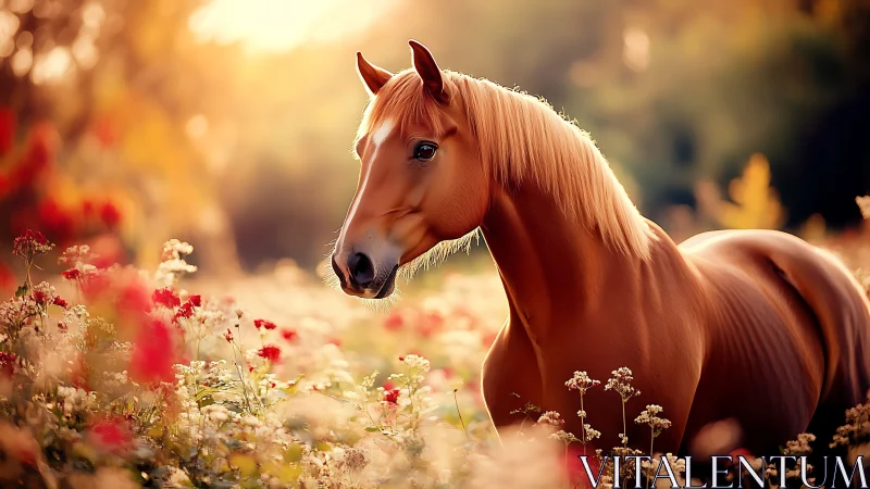 Golden brown horse stands in sunlit wildflower meadow.