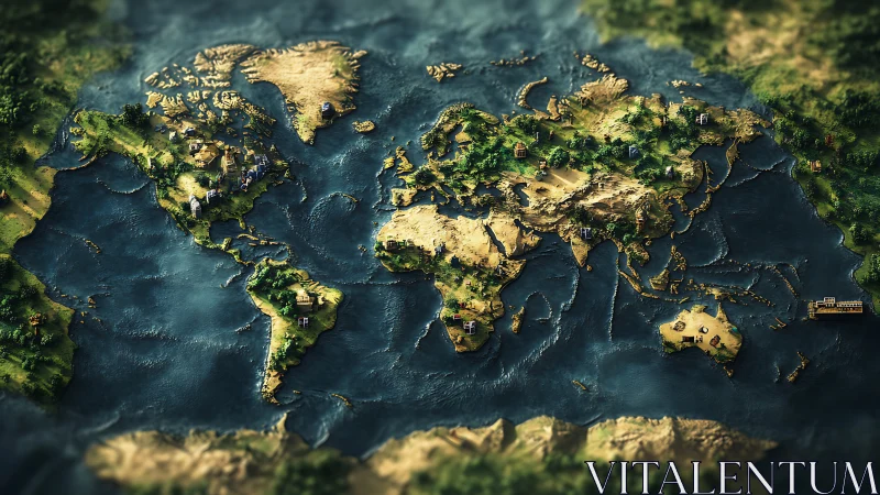 Topographic world map rendered as miniature 3D landscape.