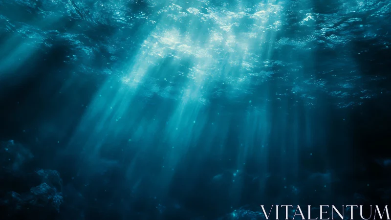 Light shafts penetrate underwater scene with suspended particles