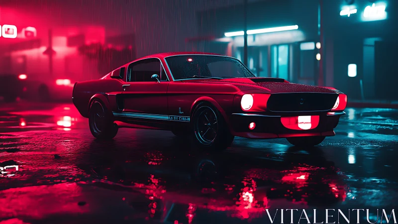 Classic red muscle car glowing in neon city rain at night.
