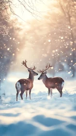 Two deer standing in snowy forest under soft winter light.