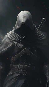 Hooded rogue warrior in dark cloak with sword on back.