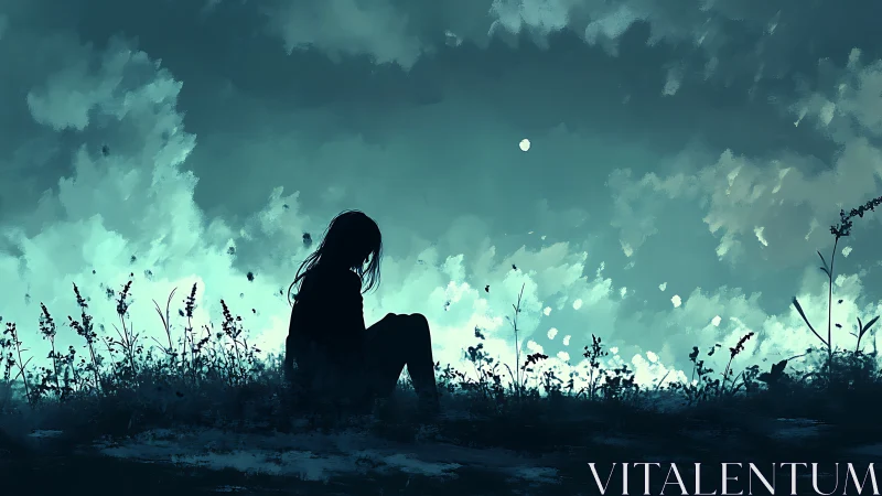 Silhouetted figure in twilight meadow against teal cloudscape.