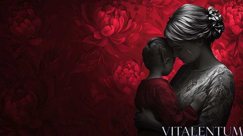 Figure with child rendered against layered floral background