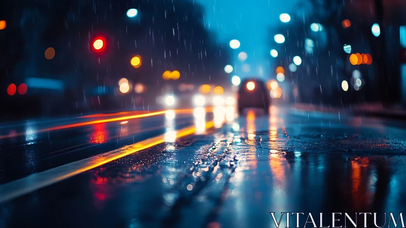 Rain-soaked city street captures bokeh headlights and neon trails