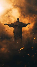 Christlike monument in apocalyptic ember-filled clouds.