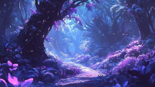 Luminous Forest Cavern With Neon Florescence.