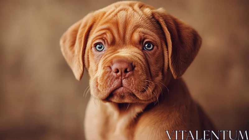 Brown puppy portrait with soulful eyes on warm backdrop.
