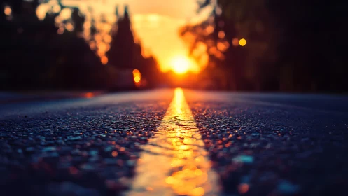 Sunlit asphalt horizon where day melts into glowing roadlines.