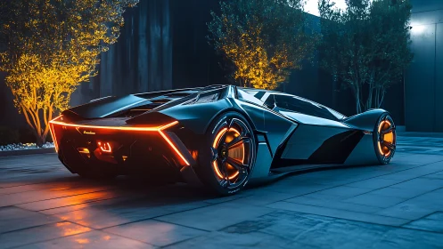 Futuristic electric hypercar glows with neon accents at night