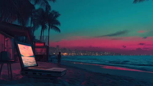 Neon-tinted beach sunset invites quiet moments with technology