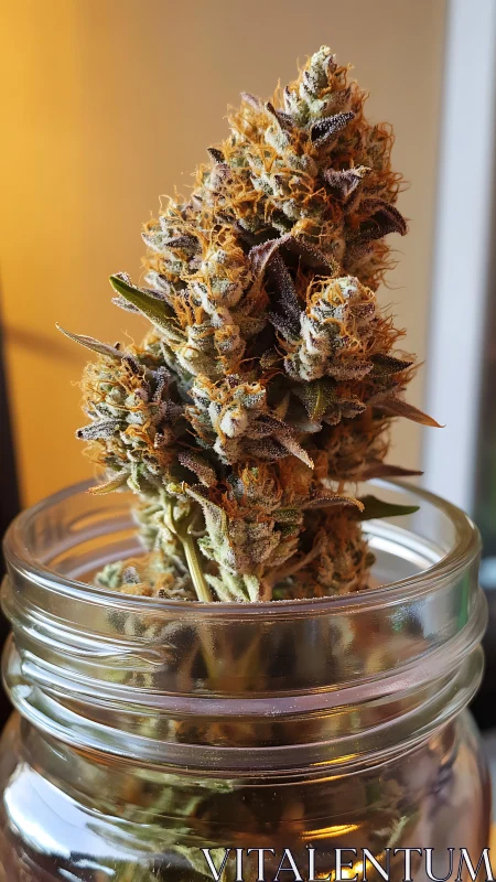 Cannabis cola rests in glass jar under warm soft light.
