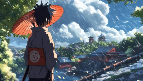 Rain-kissed shrine vista with lone wanderer and crimson parasol.