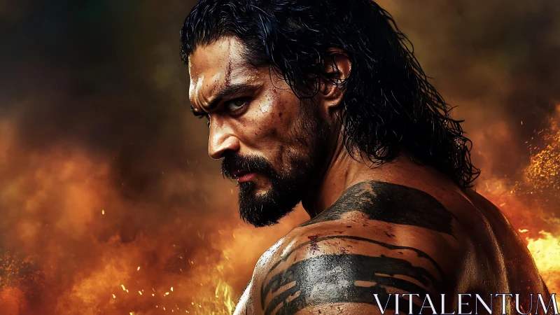 Long-haired male figure stands before diffuse fire backdrop