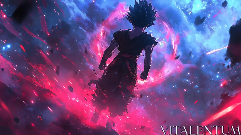 Silhouetted fighter stands within radial energy vortex