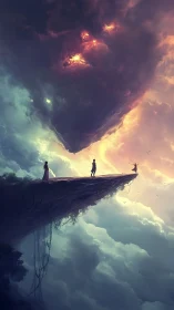 Storm face looms above cliffside figures under glowing sky