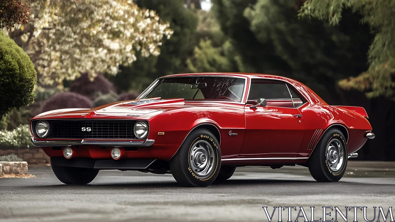 Red classic Chevrolet Camaro SS coupe parked on driveway