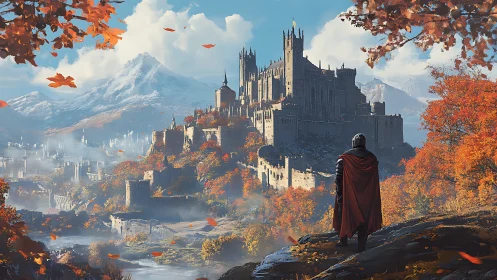 Epic autumn citadel vista in high-fantasy digital painting style.