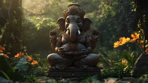 Stone Ganesha sculpture in dense forest clearing at dawn.