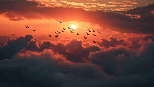 Migrating silhouettes carve molten sky at burning sunset.