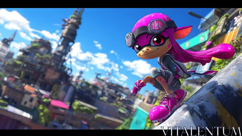 Stylized inkling character sits on pipe above urban complex
