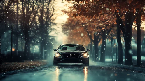 Crisp black car glides through a quiet, misty autumn snowfall