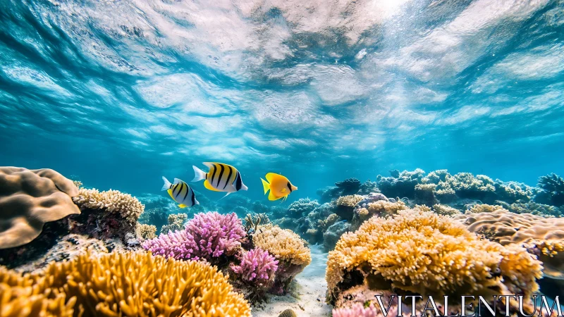 Colorful reef fish glide through sunlit tropical shallows
