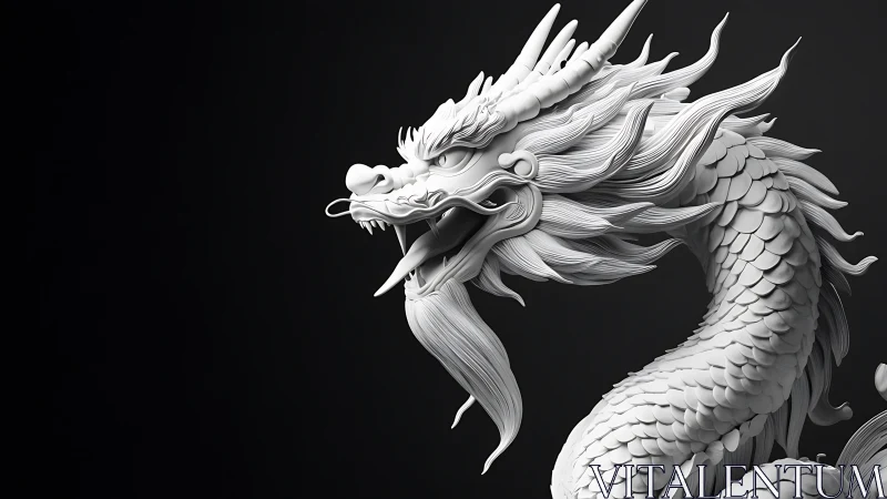 White 3D Chinese dragon sculpture on black background.