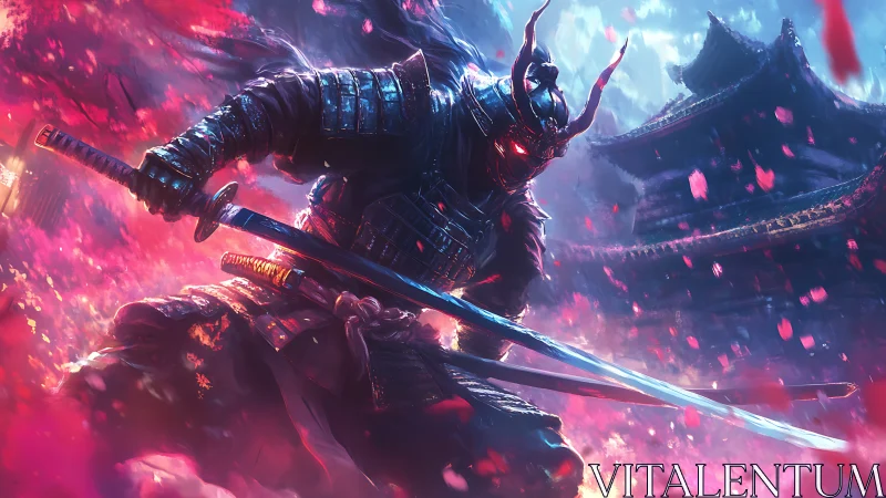 Armored demon samurai with katana in vivid battle scene.