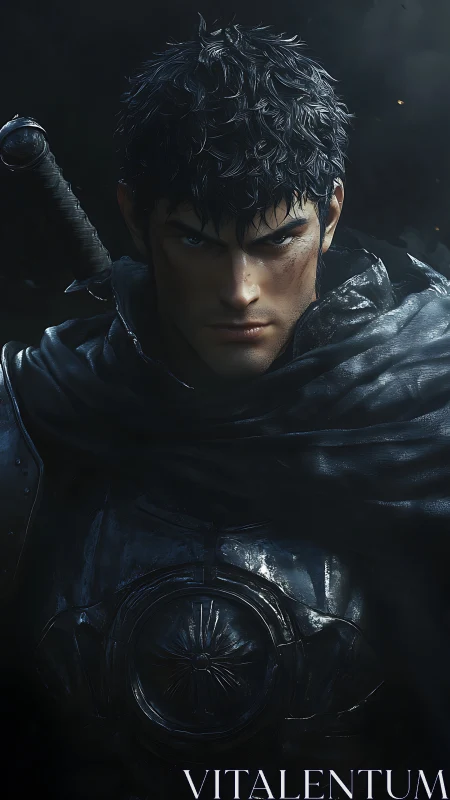 Dark armored swordsman gazes forward in stormy silence