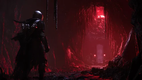 Armored figure surveys red-lit subterranean cavern hallway