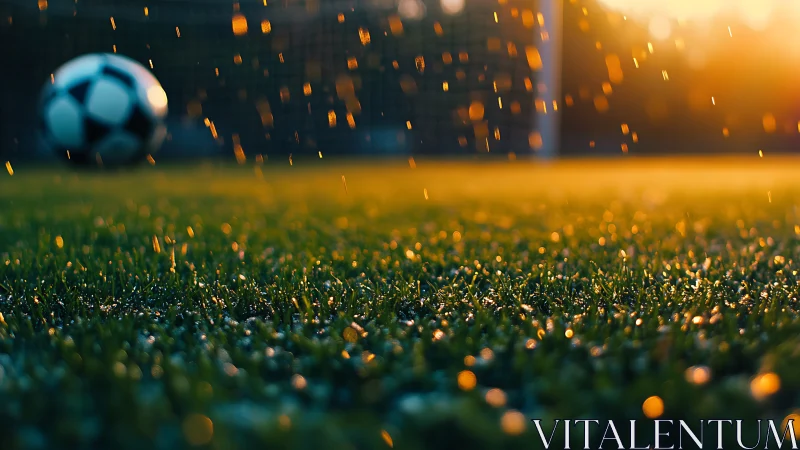 Sunlit soccer pitch glows with water droplets in motion.