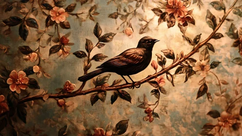 Songbird rests on blossoming branch in warm painterly light.