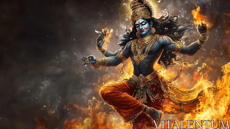 Hindu deity figure dances amid swirling flames and smoke