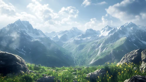 Sunlit alpine valley framed by dramatic snowy peaks.