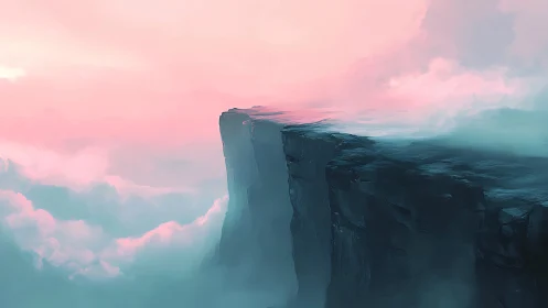 Dreamy cliffside horizon above soft pastel clouds.