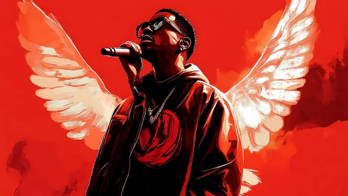 Winged mic slinger blazing through a crimson soundstorm.