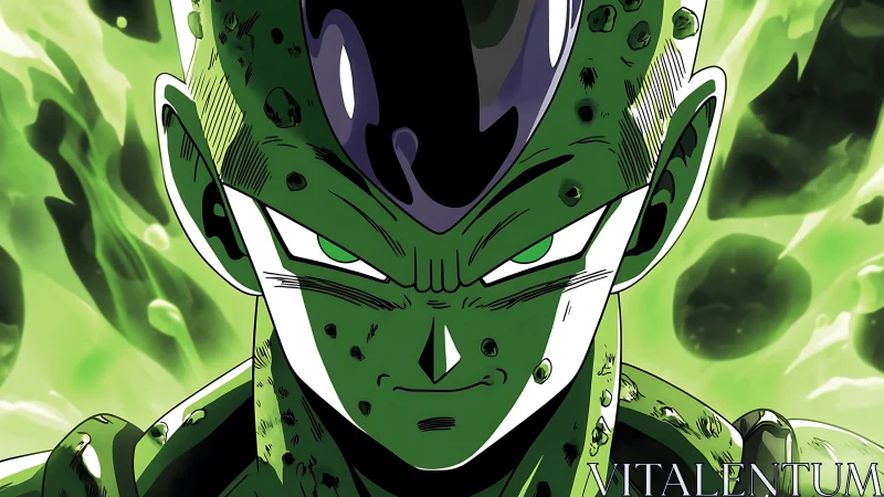 Green armored anime villain amid glowing energy storm.