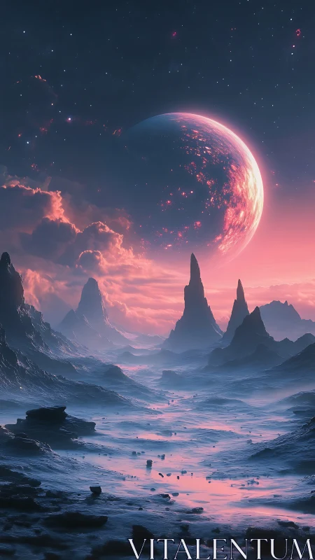 Distant planet rises above eroded alien valley landscape