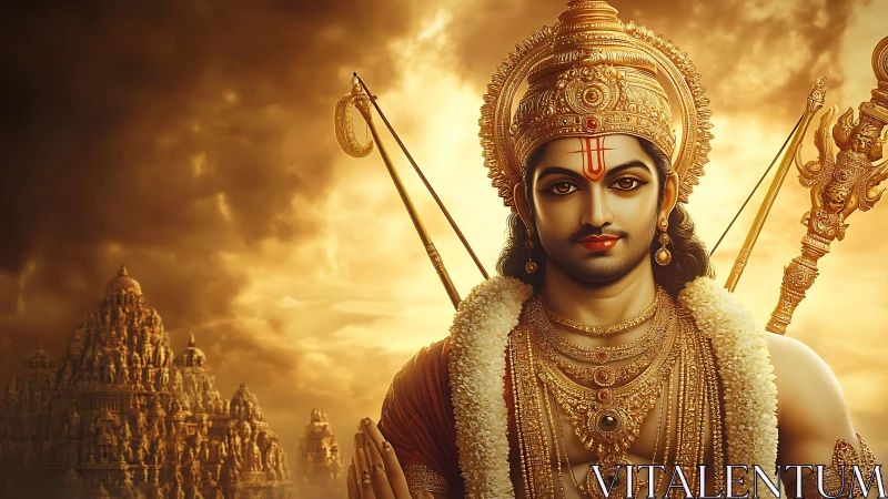 Divine warrior deity in golden light before ornate temple