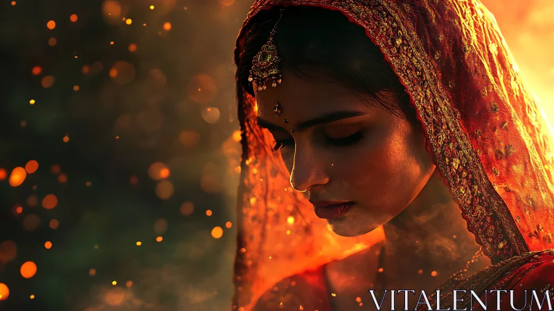Gentle bride in glowing orange veil bathes in quiet light
