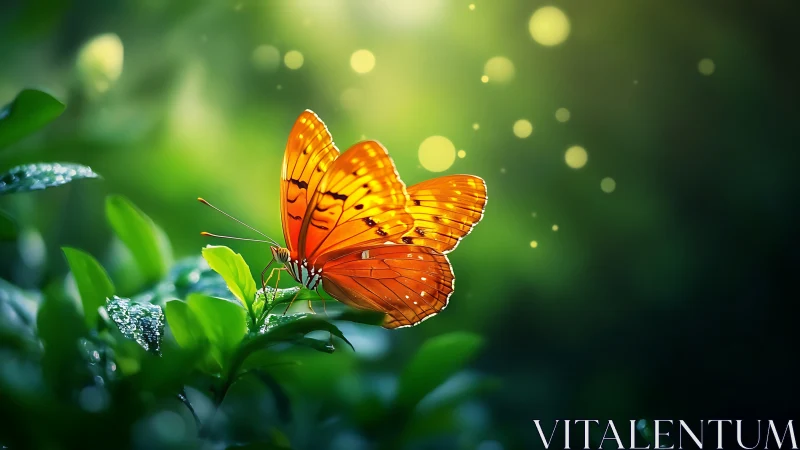 Amber-winged butterfly pausing in dew-lit emerald foliage.