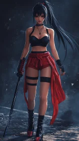 Katana-wielding warrior girl in red sash and black crop top