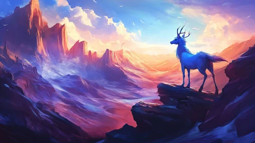Celestial stag overlooking prismatic sunset mountain valley.
