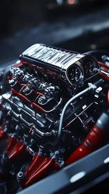 Chromed supercharged engine gleams with bold red power